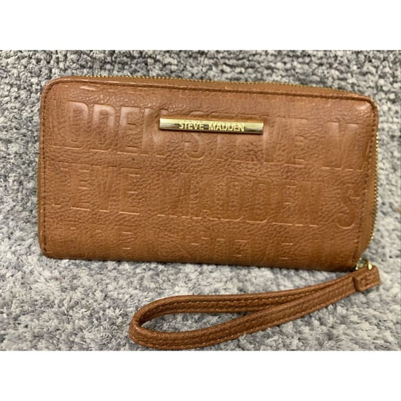 Steve Madden Clutch Embossed Brown Gold Zip Around Wallet Wristlet Purse - Picture 1 of 13